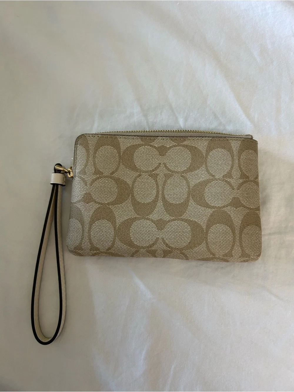 Coach Beige Signature Canvas Wristlet with Cream Leather Stripe